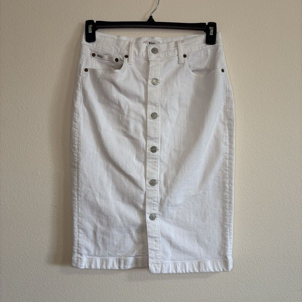 Polo Ralph Lauren White Denim Button Front Pencil Skirt 30” Waist